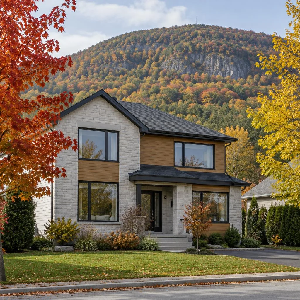 Illustration d’une habitation québécoise avec fenêtres thermos, inspirée du cadre résidentiel de Mont-Saint-Hilaire