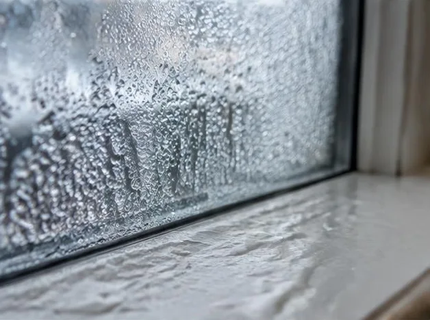 Gouttelettes sur la surface intérieure d’une fenêtre et eau sur l’appui