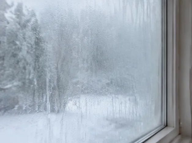 Grande surface vitrée embuée dans un salon pendant l’hiver