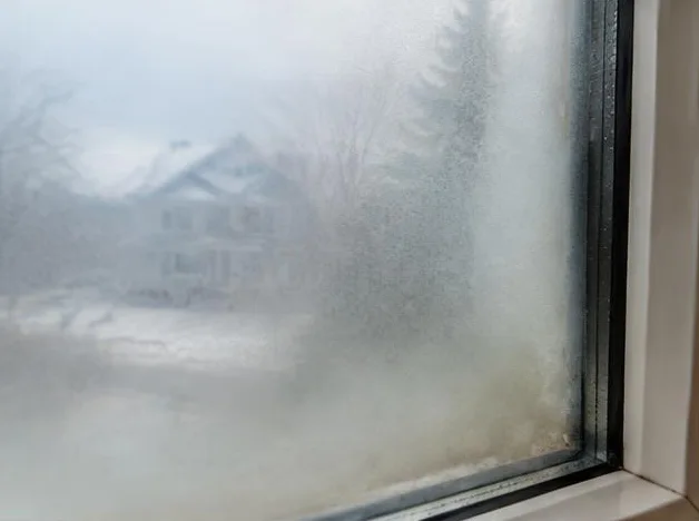 Buée visible derrière le verre d’une fenêtre donnant sur une maison enneigée