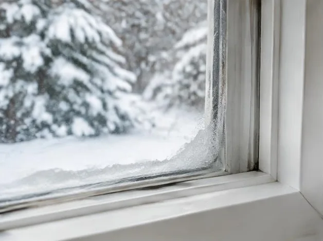 Coin d’un vitrage résidentiel exposé aux conditions hivernales
