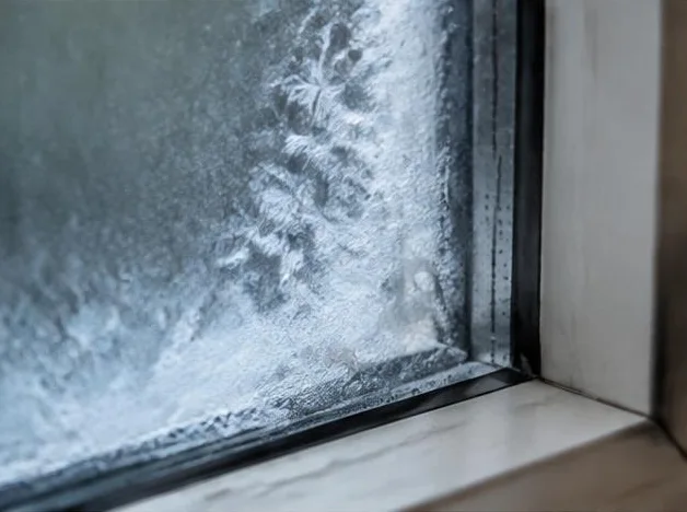 Givre accumulé dans le coin intérieur d’une fenêtre en hiver
