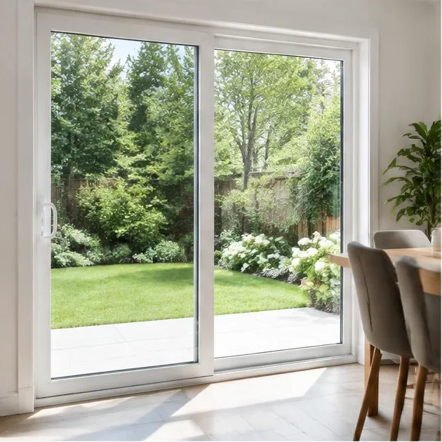 Porte-patio coulissante avec grands panneaux de verre donnant sur une terrasse
