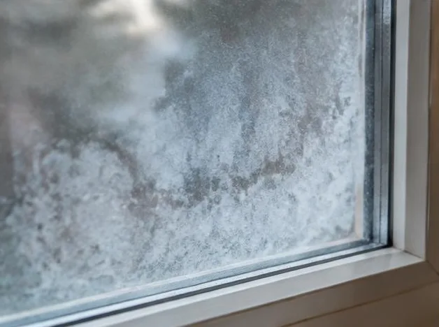 Voile blanchâtre et dépôts sur le vitrage d’une fenêtre résidentielle