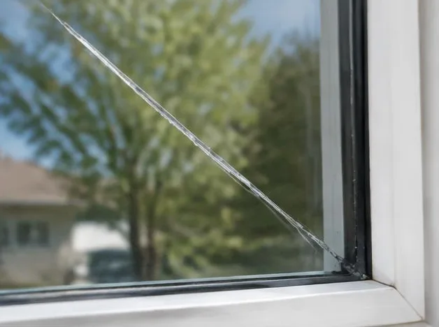 Fissure diagonale dans le verre d’une fenêtre à cadre blanc